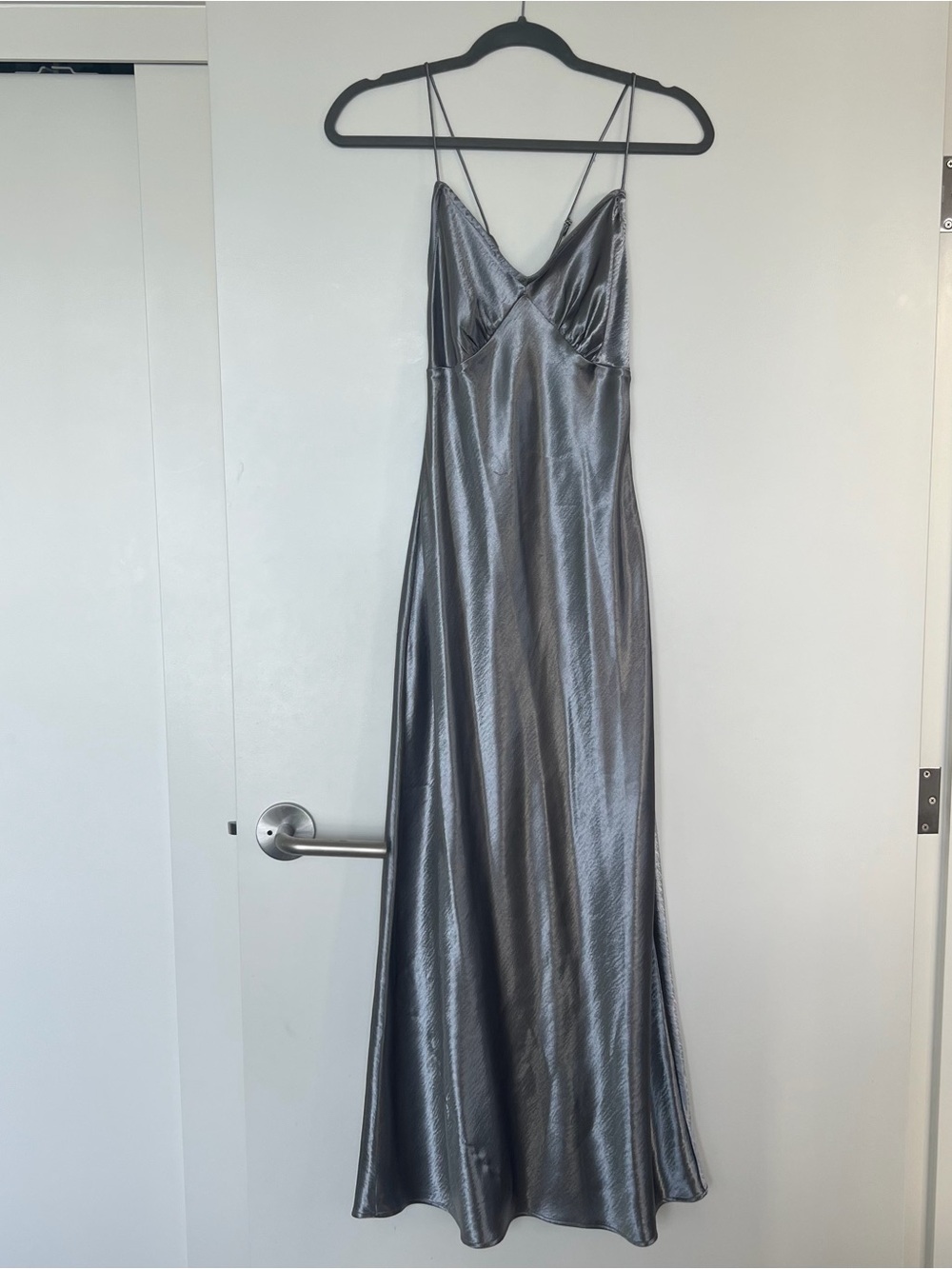 Madewell Silver Satin Maxi Slip Dress with Spaghetti Straps